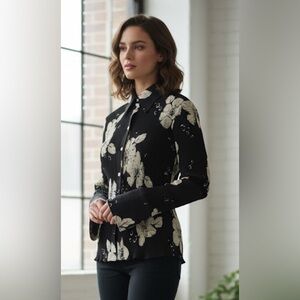 Les Ailes de la Mode Floral Pleated Shirt with Notched Collar & Cuff Links